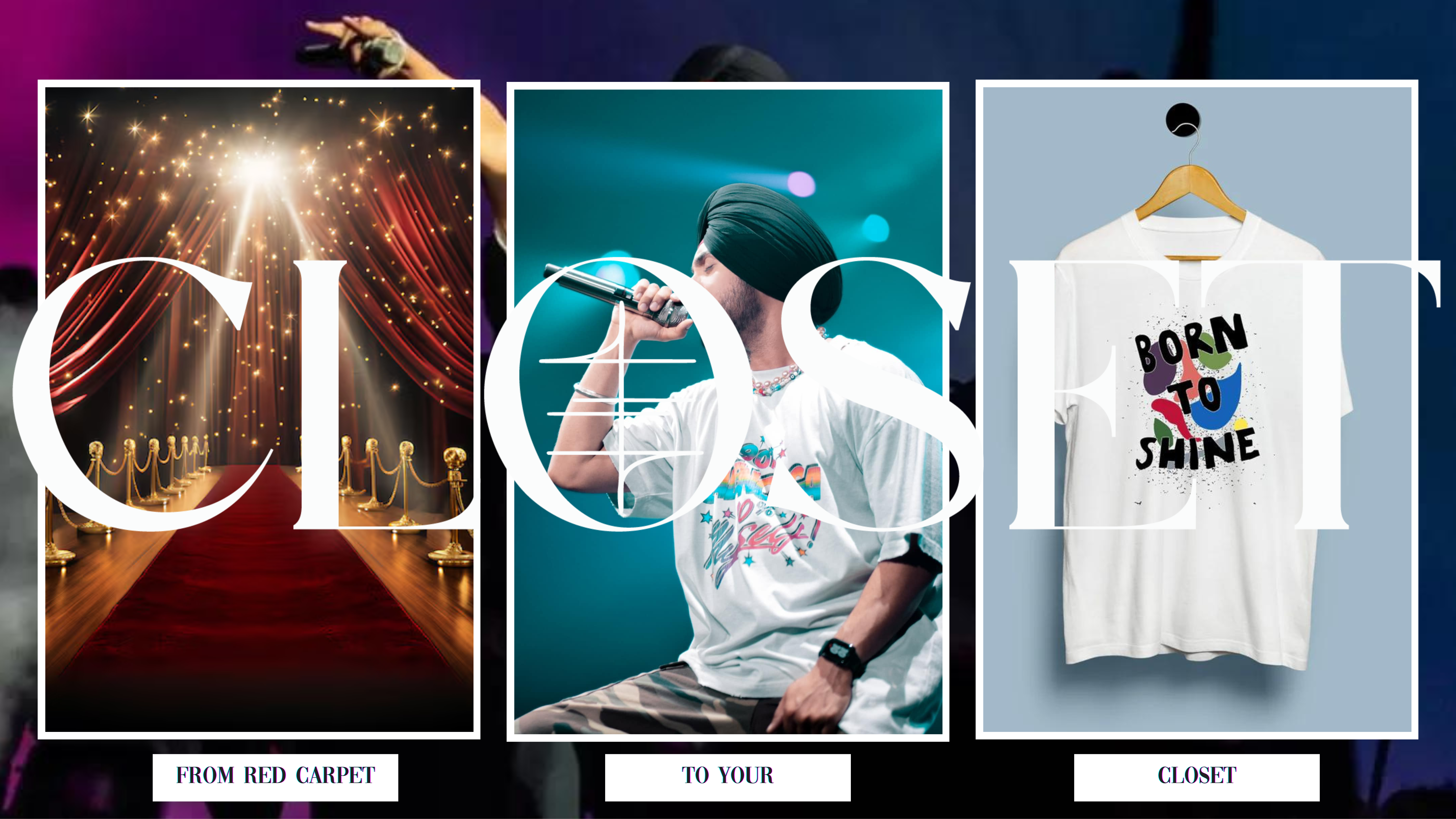 A vibrant banner showcasing the transition from red carpet fashion to customizable T-shirts. Featuring a red carpet, Diljit Dosanjh performing in a T-shirt, and a Born to Shine graphic tee.